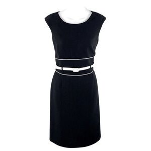 Tahari black white piping belted sheath dress NN9